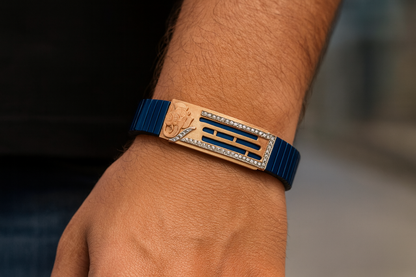 Premium Ganesha Men’s Bracelet Blue Ceramic Stretch Band with Rose-Gold CZ Devotional Plate