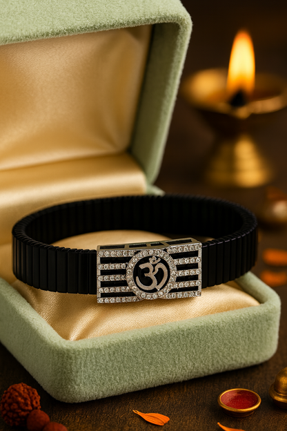 Om Religious Men’s Bracelet Black Ceramic Stretch Band with Silver CZ Devotional Plate