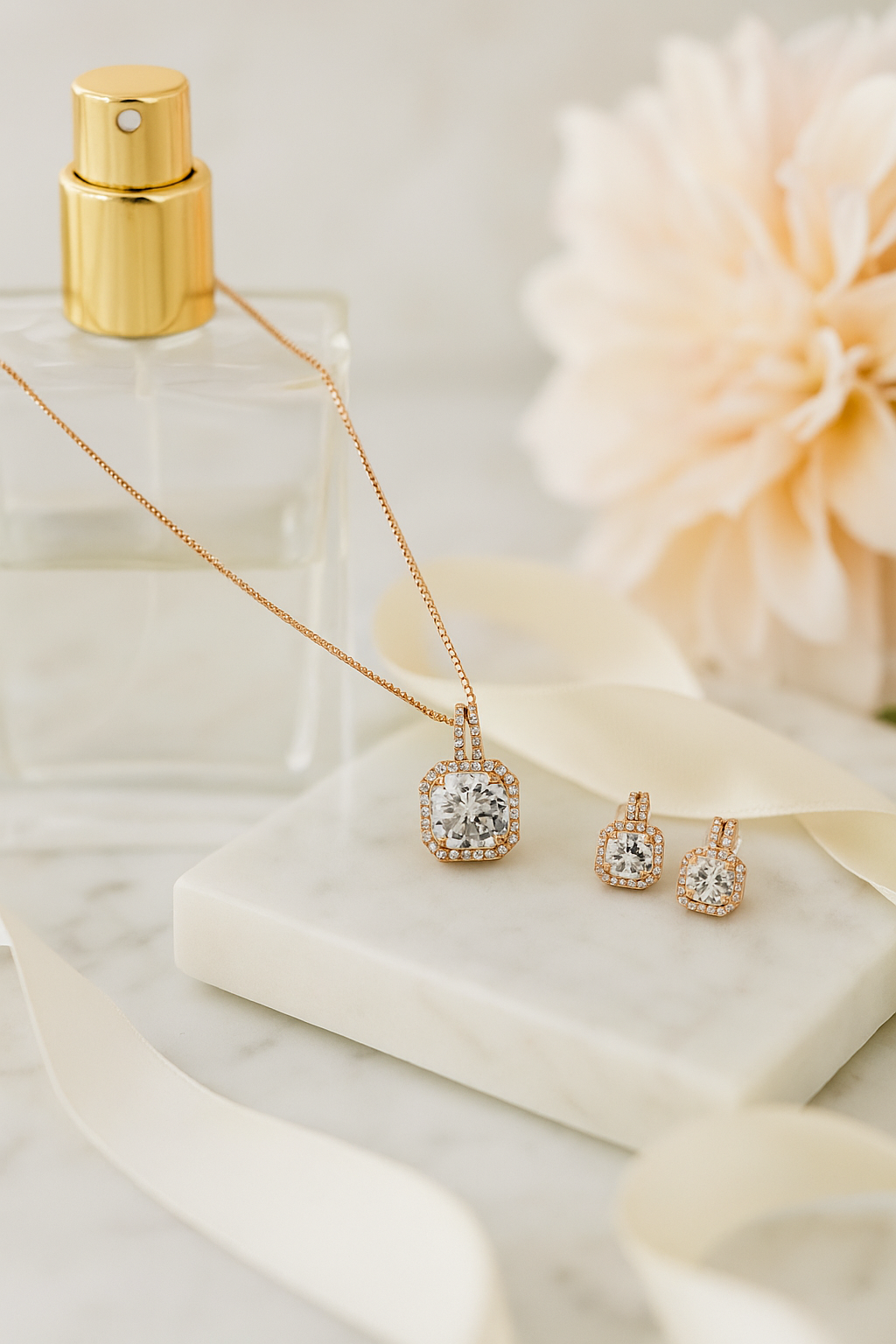 Rose-Gold Emerald Cut Pendant & Earrings Set for Women