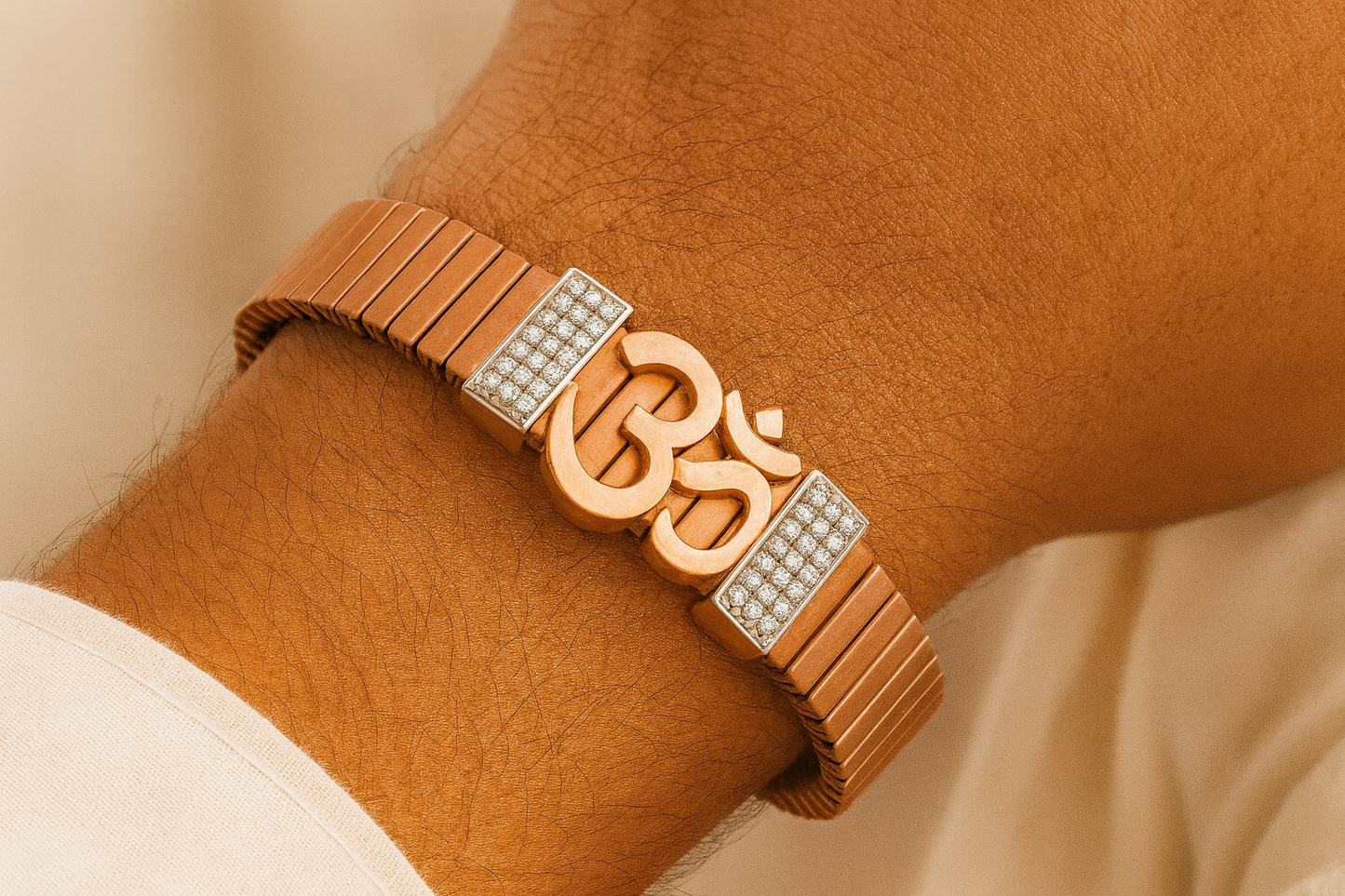 Premium Om Designer Men’s Bracelet Rose-Gold Ceramic Stretch Band with CZ Studded Side Detailing