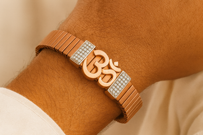 Premium Om Designer Men’s Bracelet Rose-Gold Ceramic Stretch Band with CZ Studded Side Detailing