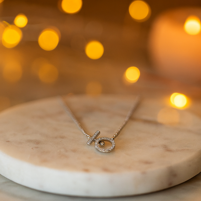 Premium Toggle Design Women’s Necklace White Gold Finish with CZ Circle Pendant