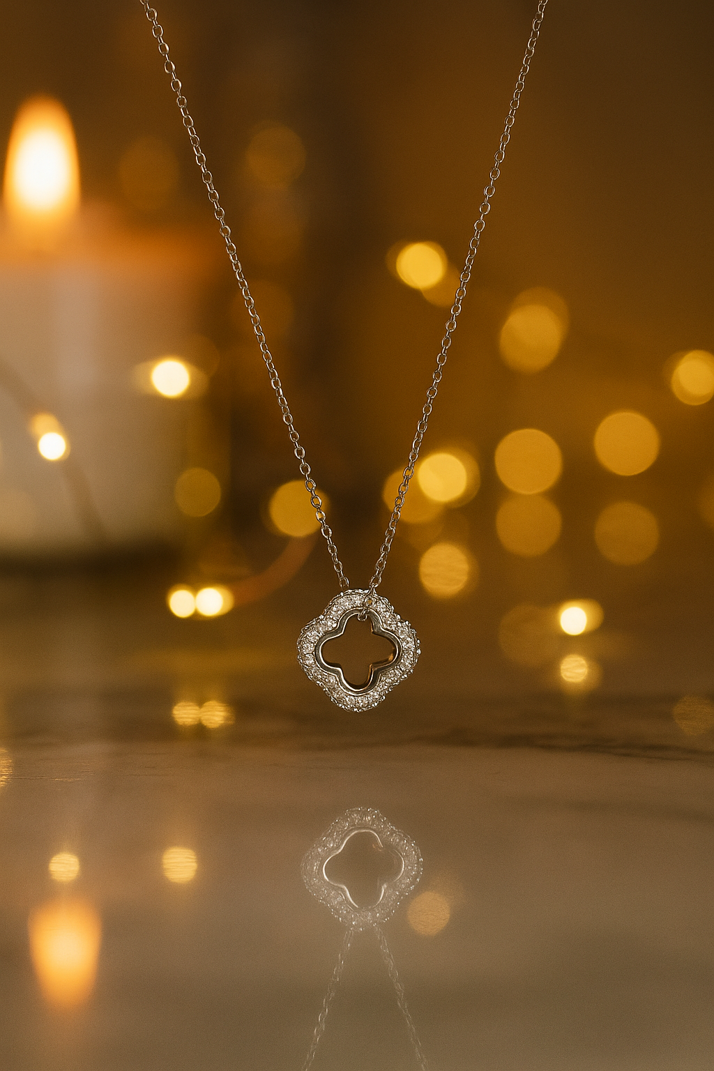 Silver Clover Shape Diamond-Studded Pendant Necklace for Women