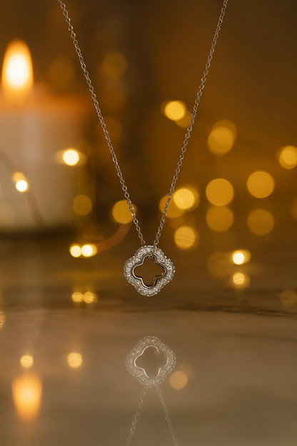 Silver Clover Shape Diamond-Studded Pendant Necklace for Women