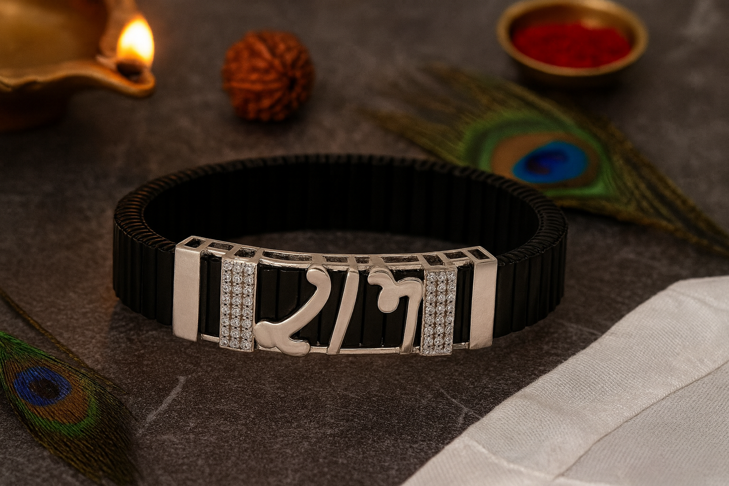 Premium Ram Men’s Bracelet Rose Gold CZ Plate with Black Ceramic Stretch Band