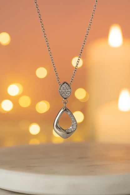 Modern Drop Pendant Necklace White Gold Finish with CZ Cluster Design