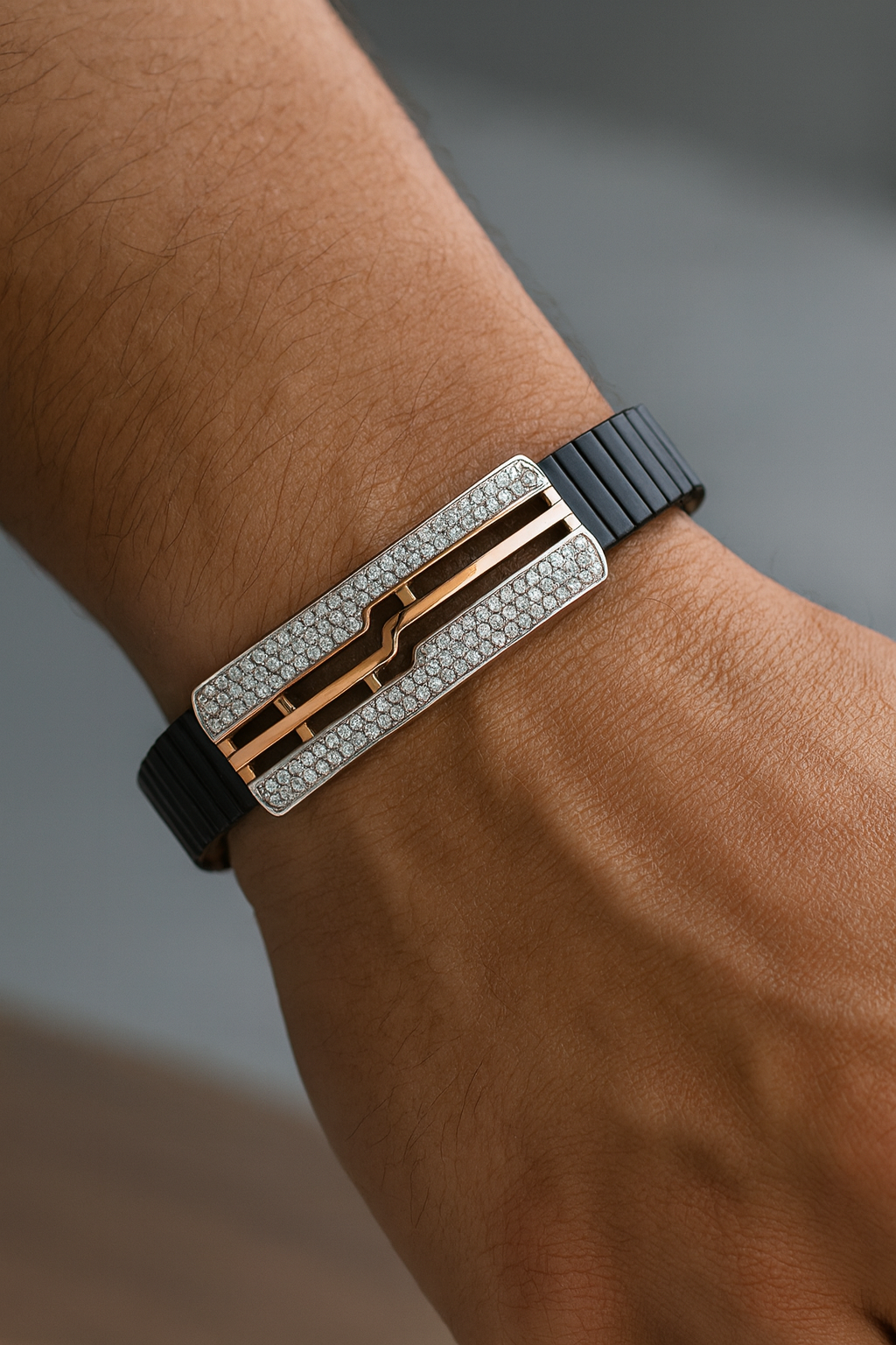 Premium Geometric Men’s Bracelet Black Ceramic Stretch Band with Rose Gold CZ Plate