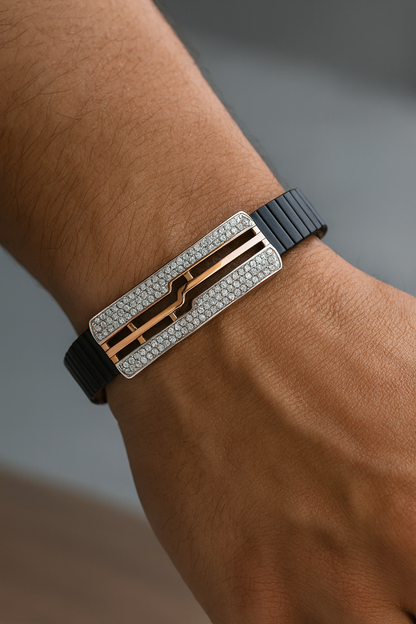 Premium Geometric Men’s Bracelet Black Ceramic Stretch Band with Rose Gold CZ Plate