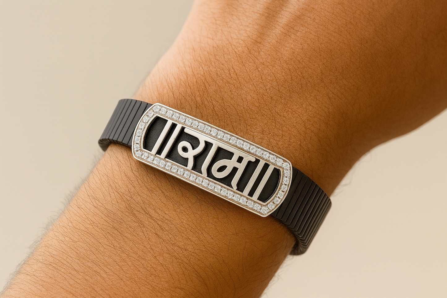 Premium Ram Name Men’s Bracelet Blue Ceramic Stretch Band with Rose Gold CZ Frame