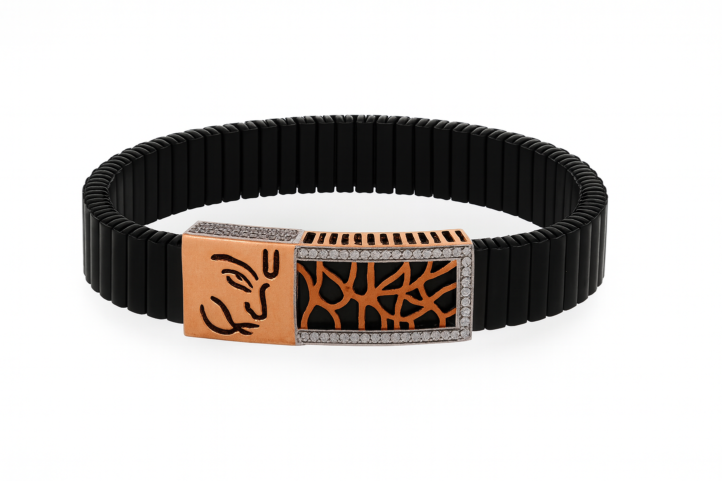 Premium Hanuman Engraved Men’s Bracelet Black Ceramic Stretch Band with Rose Gold Cutwork CZ Frame