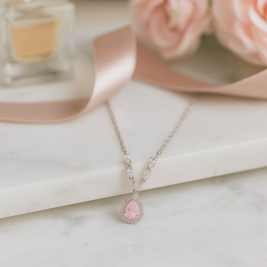 Pink Teardrop Pendant Necklace White Gold Finish with Halo CZ Stones