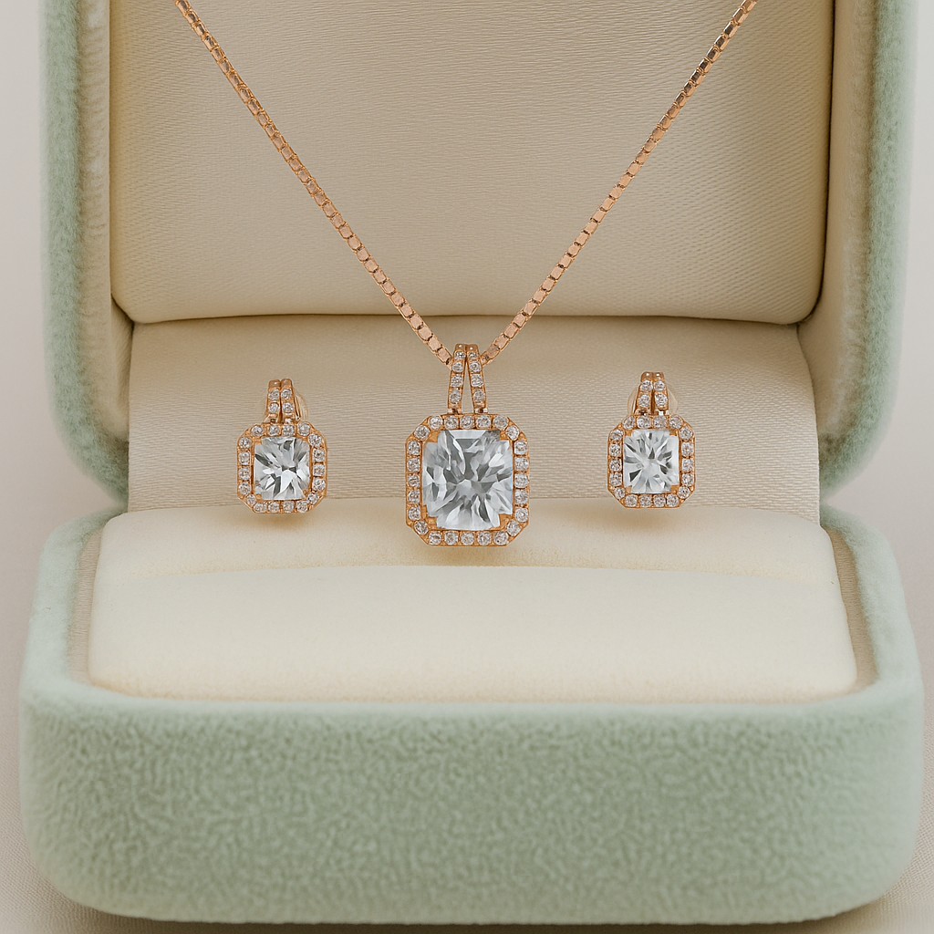 Rose-Gold Emerald Cut Pendant & Earrings Set for Women