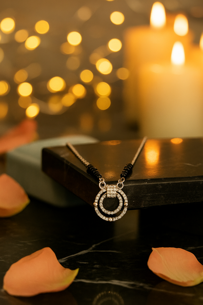 Silver Tone CZ Circle Pendant Necklace with Black Beads for Women