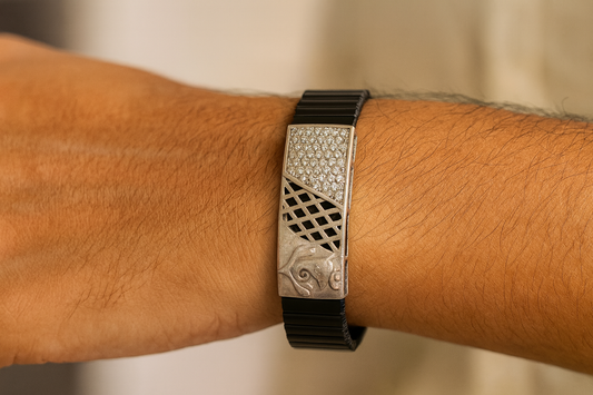 Premium Men’s Designer Bracelet Black Ceramic Stretch Band with Silver CZ Engraved Plate