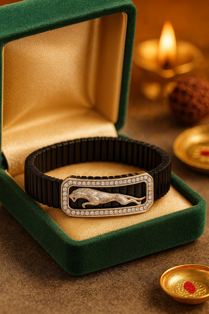 Premium Jaguar Logo Men’s Bracelet Black Ceramic Stretch Band with Silver CZ Plate