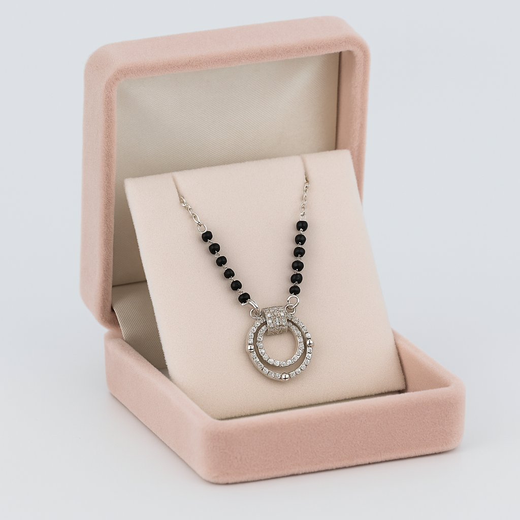 Silver Tone CZ Circle Pendant Necklace with Black Beads for Women