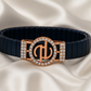 Premium Designer Logo Men’s Bracelet Blue Ceramic Stretch Band with Rose Gold CZ Round Emblem
