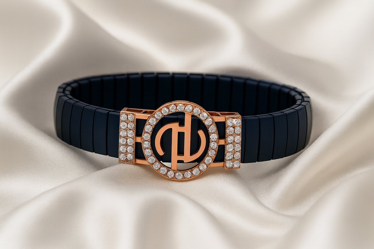 Premium Designer Logo Men’s Bracelet Blue Ceramic Stretch Band with Rose Gold CZ Round Emblem