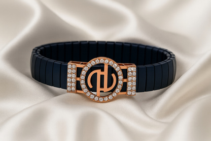 Premium Designer Logo Men’s Bracelet Blue Ceramic Stretch Band with Rose Gold CZ Round Emblem