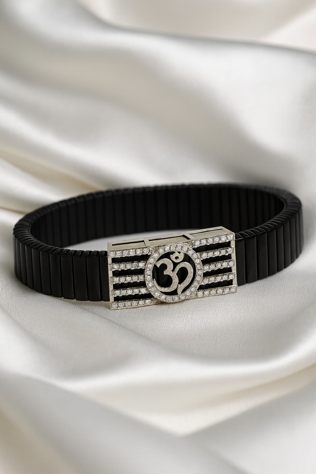 Om Religious Men’s Bracelet Black Ceramic Stretch Band with Silver CZ Devotional Plate