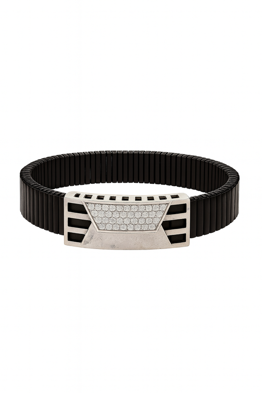 Premium Men’s Bracelet Black Ceramic Stretch Band with Silver CZ Designer Plate