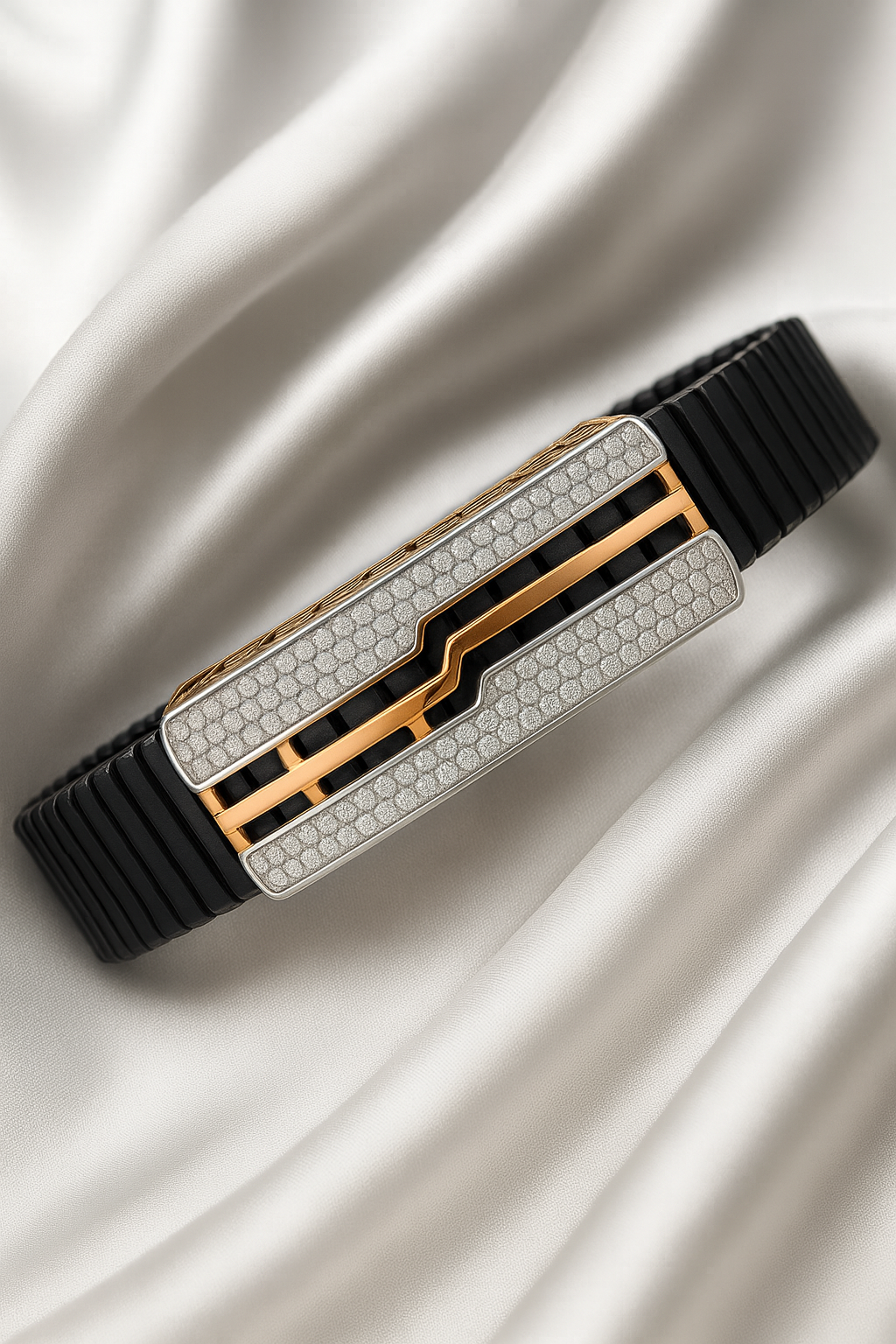 Premium Geometric Men’s Bracelet Black Ceramic Stretch Band with Rose Gold CZ Plate