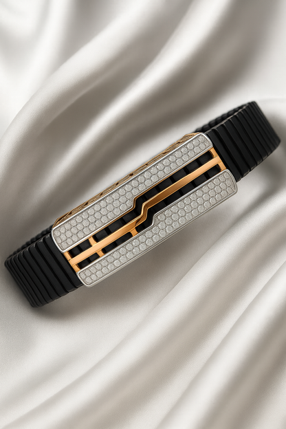 Premium Geometric Men’s Bracelet Black Ceramic Stretch Band with Rose Gold CZ Plate