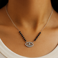 Silver Tone Evil Eye CZ Pendant Necklace with Black Beads for Women