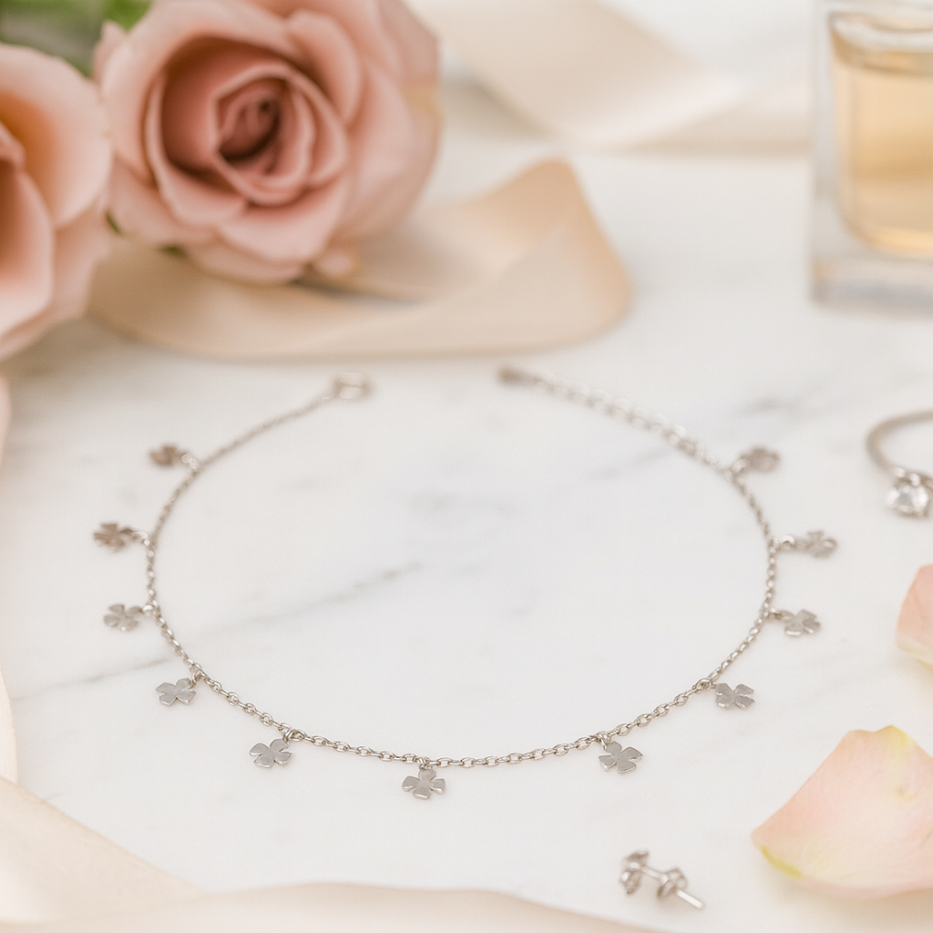 Elegant Silver Clover Charm Anklet for Women & Girls | Minimal Daily Wear Adjustable Chain Anklet