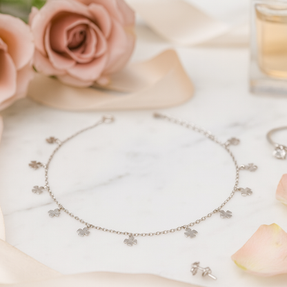 Elegant Silver Clover Charm Anklet for Women & Girls | Minimal Daily Wear Adjustable Chain Anklet