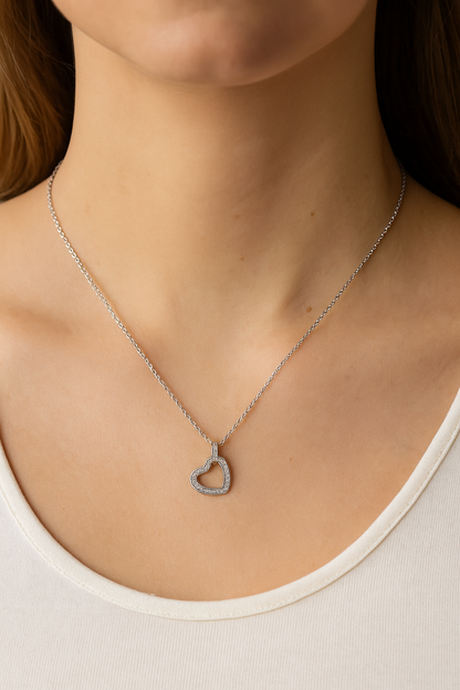 Elegant Open Heart Pendant Necklace with CZ Stones in White Gold Finish