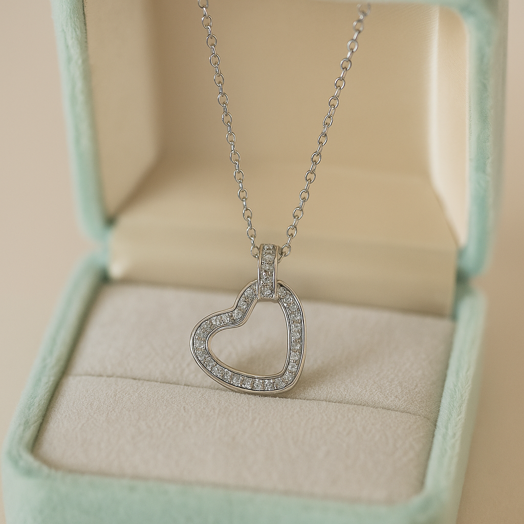 Elegant Open Heart Pendant Necklace with CZ Stones in White Gold Finish