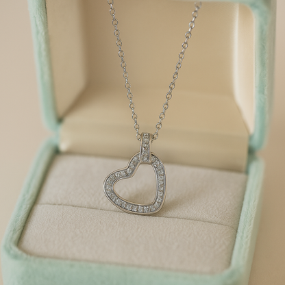 Elegant Open Heart Pendant Necklace with CZ Stones in White Gold Finish