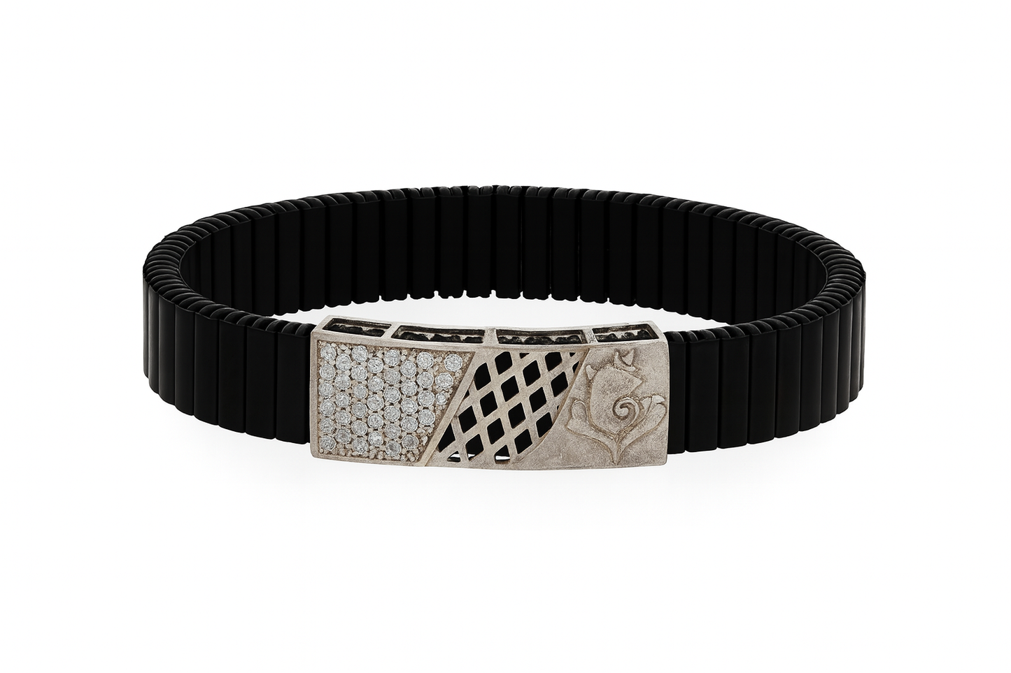 Premium Men’s Designer Bracelet Black Ceramic Stretch Band with Silver CZ Engraved Plate