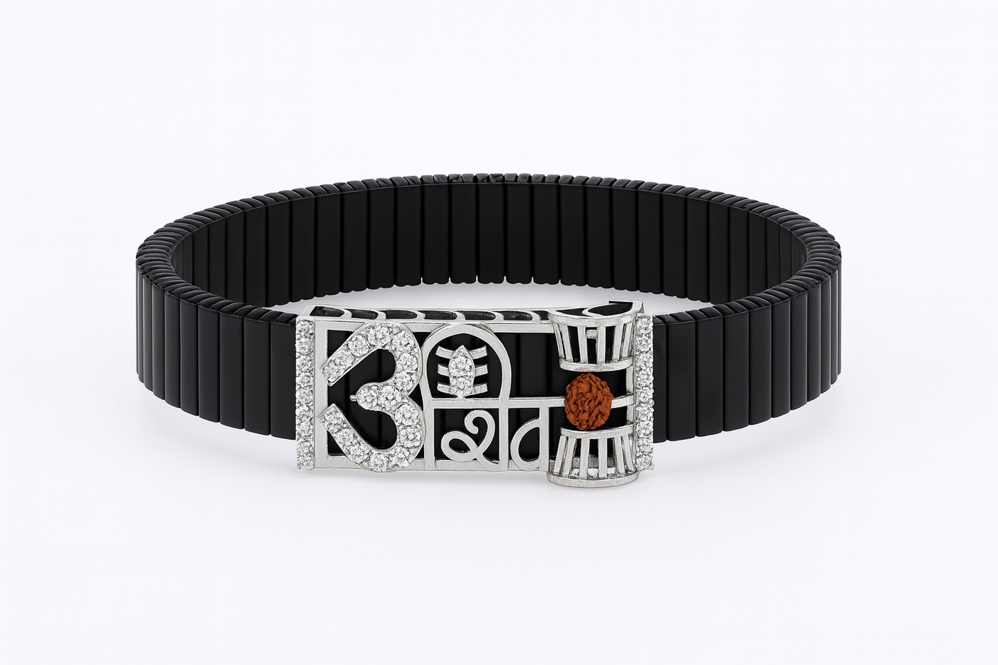 Shiva Trishul Damru Rudraksha Men’s Bracelet Rose-Gold Ceramic Stretch Band with CZ Devotional Detailing