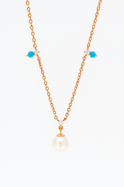 Rose Gold Pearl Pendant Necklace with Blue Beads for Women