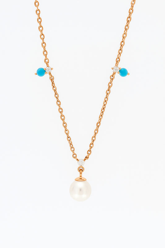 Rose Gold Pearl Pendant Necklace with Blue Beads for Women