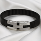 Premium Men’s Bracelet Black Ceramic Stretch Band with Silver ZigZag CZ Designer Plate