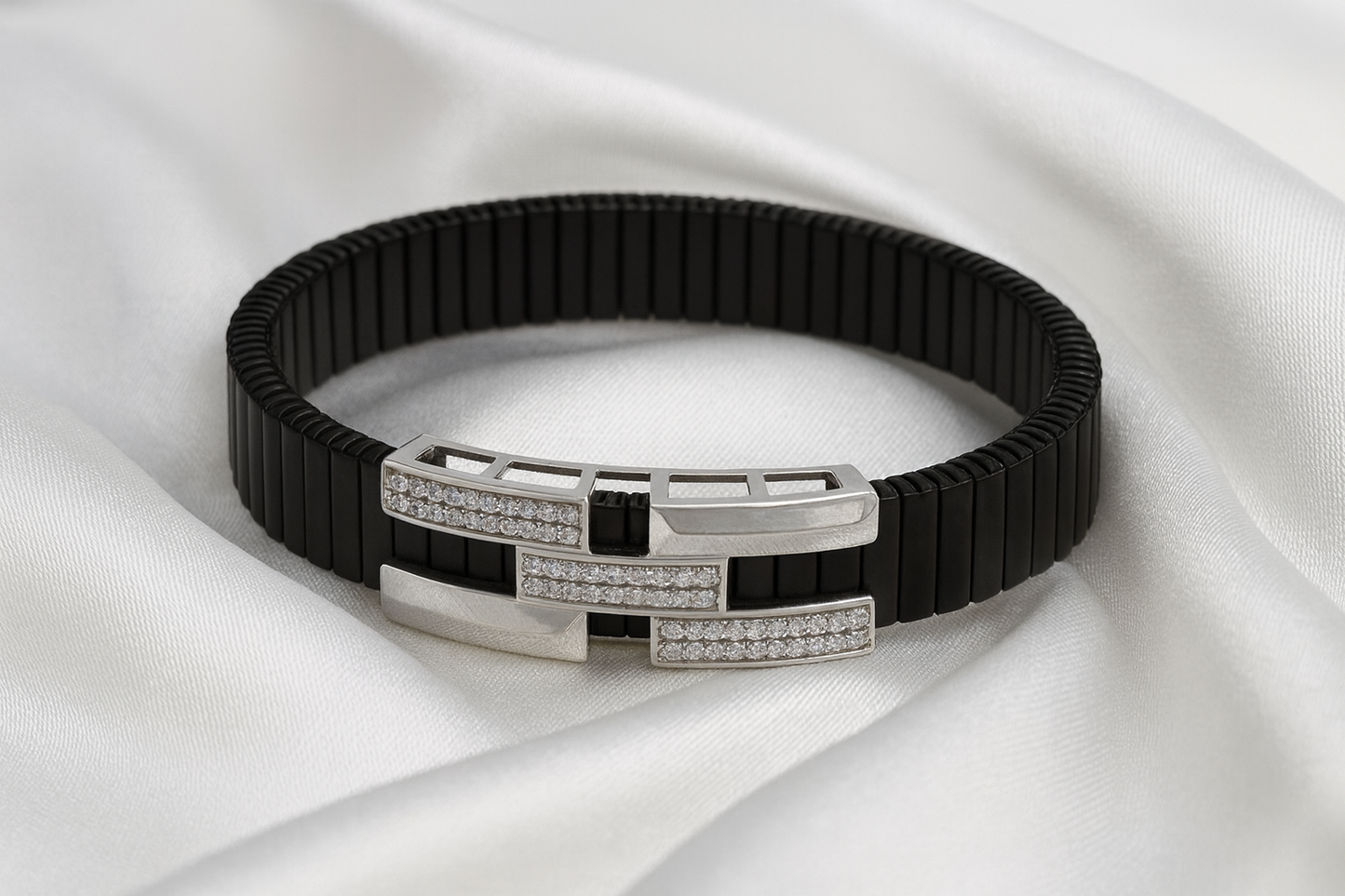 Premium Men’s Bracelet Black Ceramic Stretch Band with Silver ZigZag CZ Designer Plate