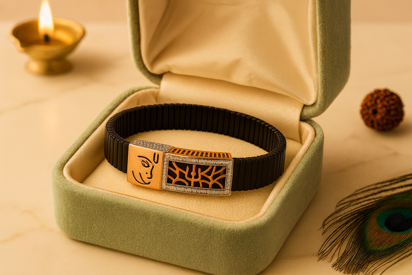 Premium Hanuman Engraved Men’s Bracelet Black Ceramic Stretch Band with Rose Gold Cutwork CZ Frame