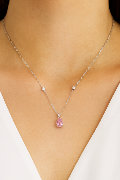 Pink Teardrop Pendant Necklace White Gold Finish with CZ Accents
