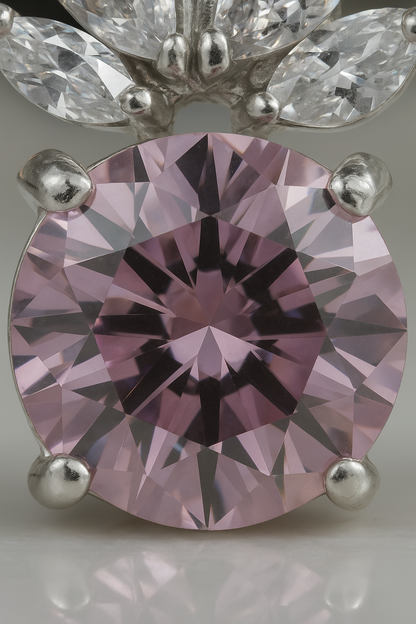 Pink Floral CZ Pendant Necklace in White Gold Finish