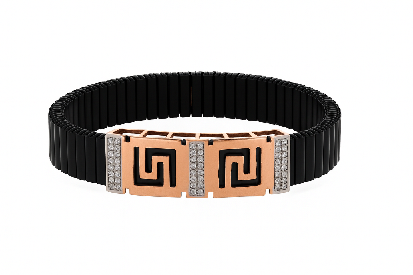 Premium Greek Pattern Men’s Bracelet Black Ceramic Stretch Band with Rose Gold CZ Accents