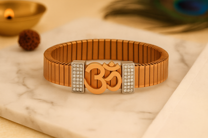 Premium Om Designer Men’s Bracelet Rose-Gold Ceramic Stretch Band with CZ Studded Side Detailing