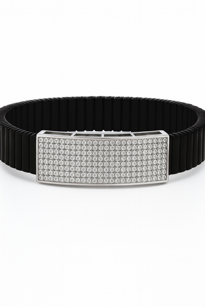 Premium Men’s Silver CZ Plate Bracelet Black Ceramic Stretch Band Luxury Designer Style