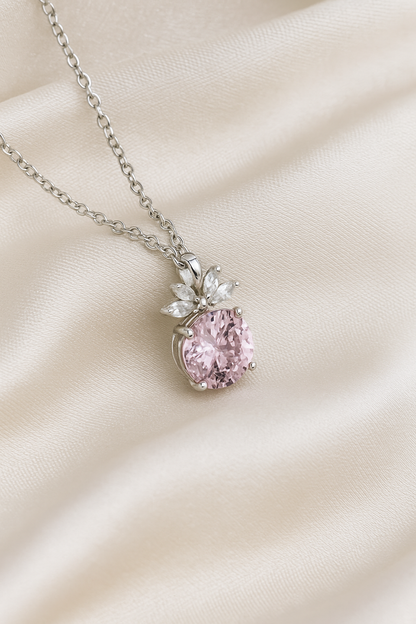 Pink Floral CZ Pendant Necklace in White Gold Finish