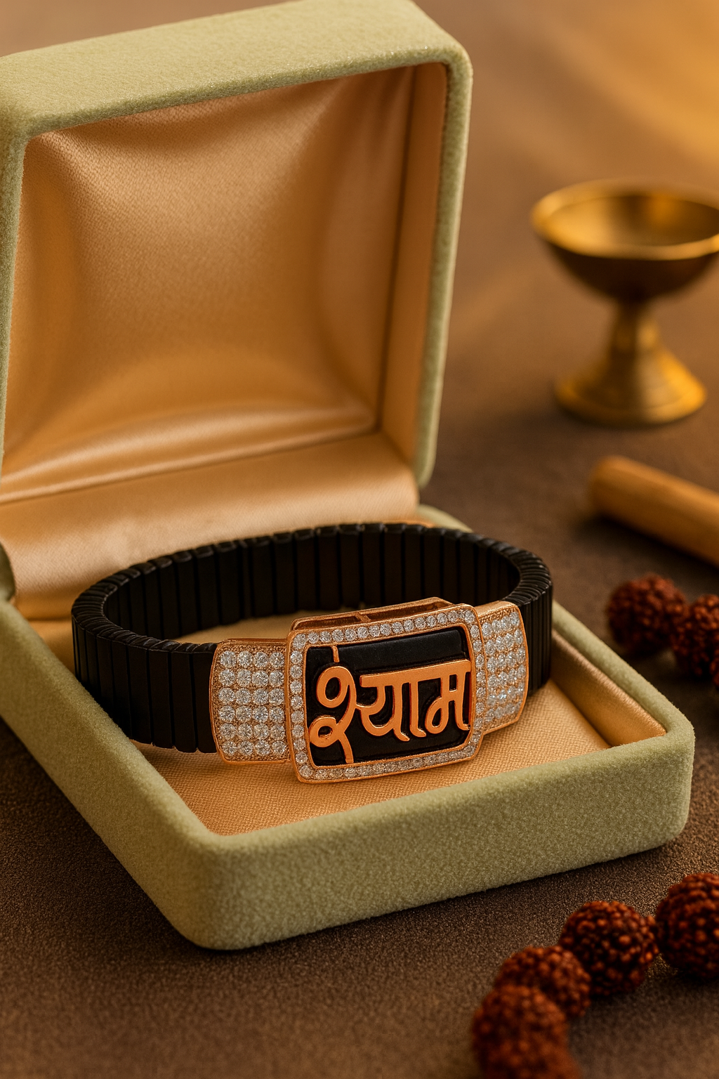 Premium Shyam Name Men’s Bracelet Black Ceramic Stretch Band with Rose Gold CZ Plate