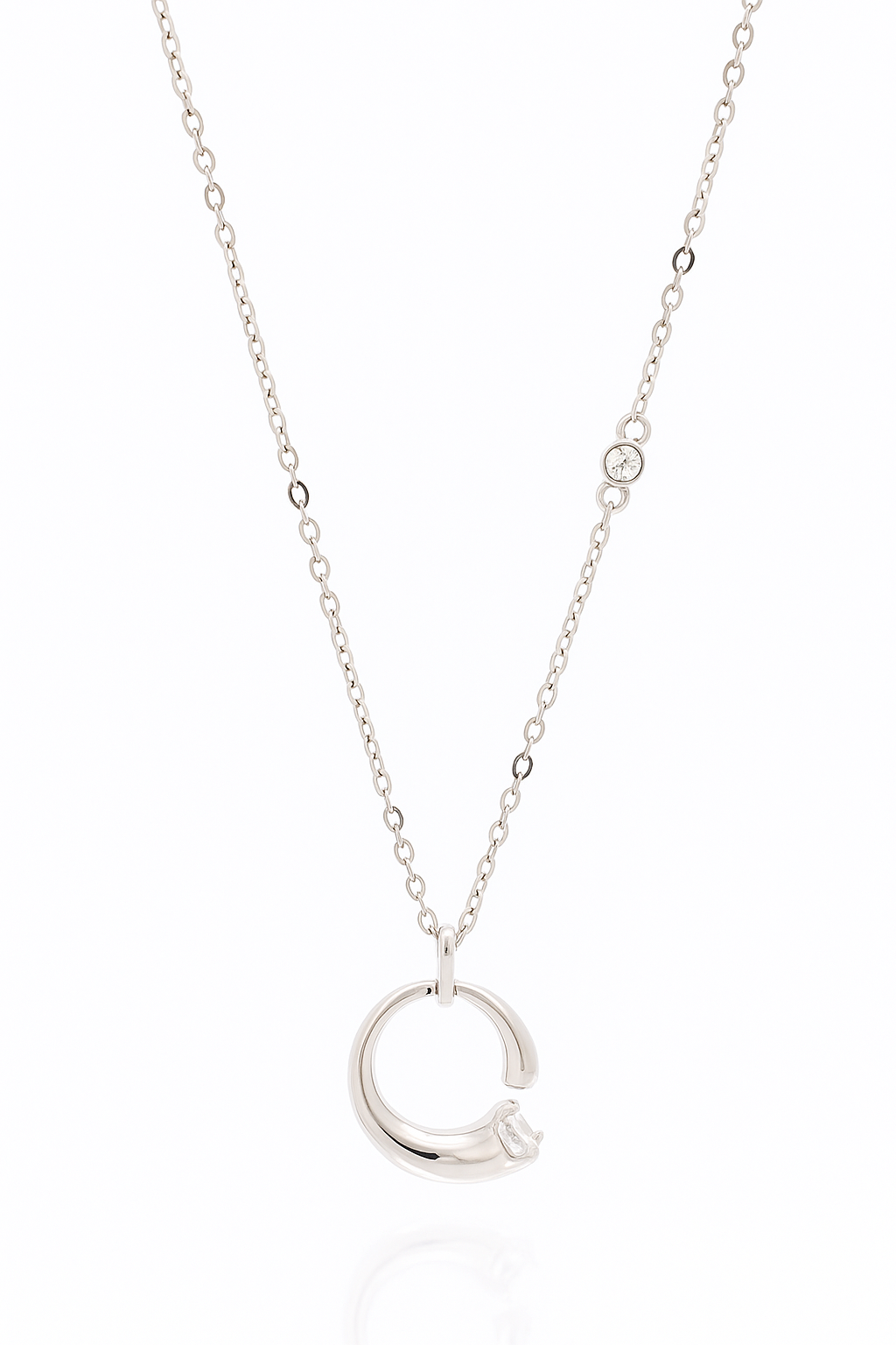 Minimal C-Shape Pendant Necklace White Gold Finish with Single CZ Stone