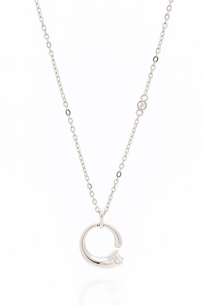 Minimal C-Shape Pendant Necklace White Gold Finish with Single CZ Stone