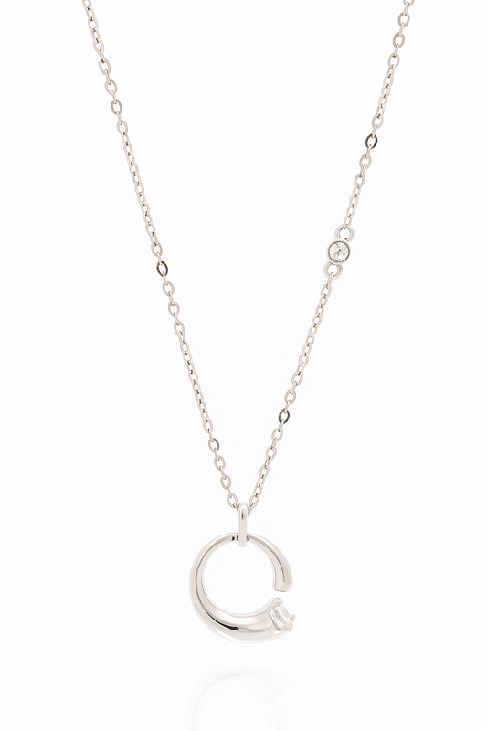Minimal C-Shape Pendant Necklace White Gold Finish with Single CZ Stone